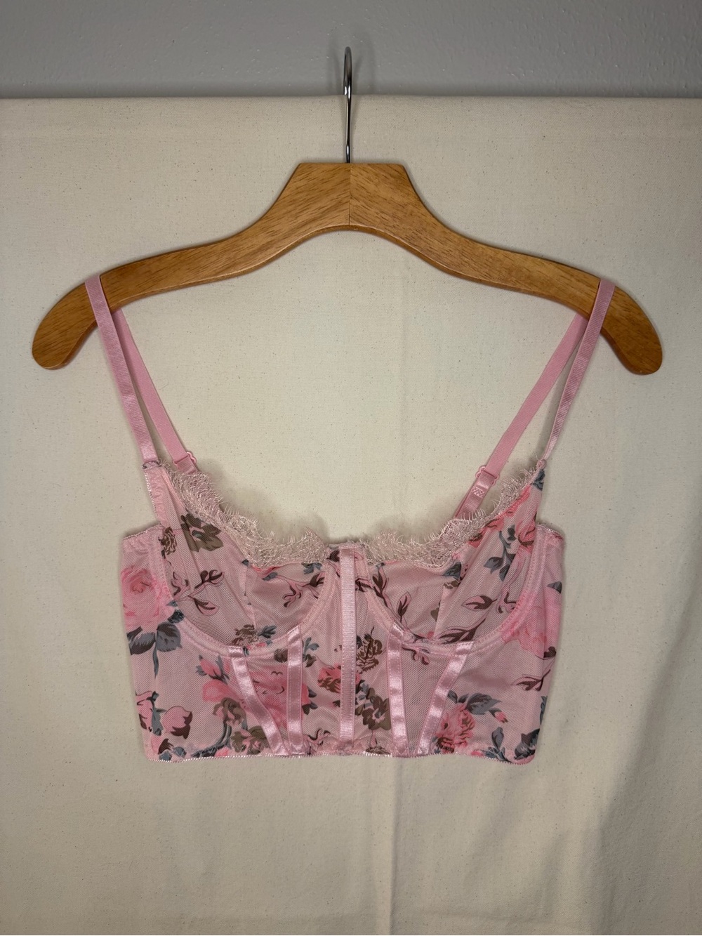 Pink Floral Lace-Trim Bralette Crop Top